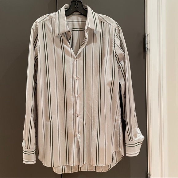 Prada light grey w green pinstripes shirt